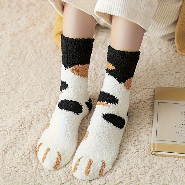TEMU Women's Plush Floor Socks - Thick Warm Winter Stockings, Velvet-like Texture, Cozy Indoor House Shoes - Cute Cat In /gray/ - Lounge & Sleepwear Socks For Women, Sock Patterns