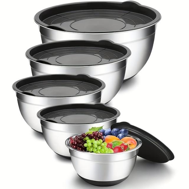 TEMU 5pcs Set With Lid Mixing Bowl, 7/3.5/2.5/1.5/1 Qt, Stainless Steel Large Metal Salad Set Bowl, Non Slip Silicone Bottom And Airtight Cover, Quality -5pcs Set (black)