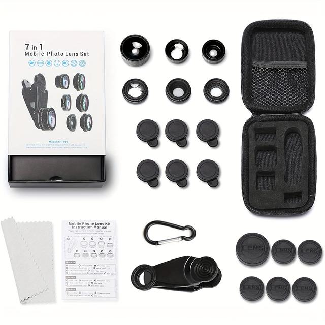 TEMU 7in 1 Phone Camera Lens Kit-198° Fisheye Lens+ 15x Macro Lens+ 0.63x + Long Lens 2x+ Cpl+ Kaleidoscope+starburst+, Clip-on Camera Lens For Iphone 11/12/13, For /