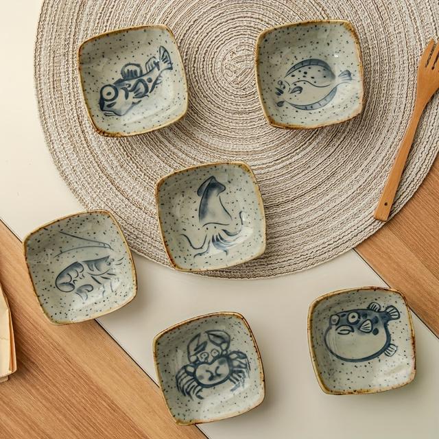 TEMU 6pcs Ceramic Sauce Dish Seasoning Dish, Cartoon Square Condiment Dish, Inch Dipping Dish Soy Sauce Dish Sushi Dish,kitchen Supplies, Supplies