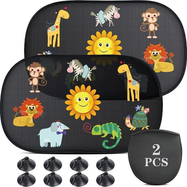 TEMU 2-pack Cartoon Animals Car Sun Shades, 20x12 Inch, Black Pvc, Uv Protection, Self-adhesive With 8 Suction Cups, Foldable And Easy To Store, Sun Block For Vehicle Windows