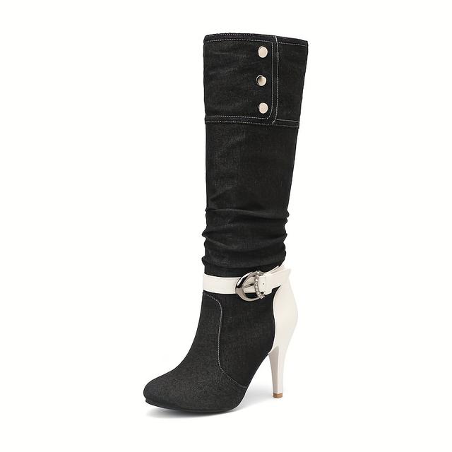 TEMU Damen Stiefel aus Denim bis zum Knie, modische Schlupfstiefel mit Schnalle und Stiletto-Absatz, vielseitige High Heels Stiefel