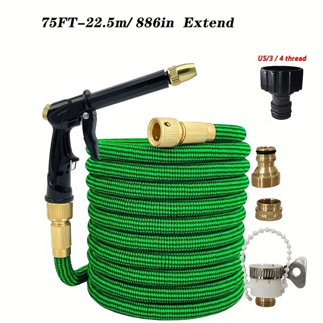 TEMU 1pc High-pressure Spray Kit With Green Garden Hose - 3/4" Thread, Rubber Material, Includes Adjustable Nozzle & Brass Fittings For Cleaning & Watering