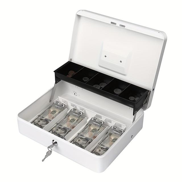 TEMU Cash Box With Money Tray And Lock, Cash Register For Small Business, Metal Safe 11.8" X 9.4" X 3.54" White