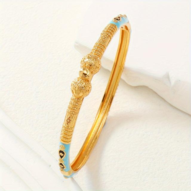 TEMU Elegant 24k Golden Plated Open Cuff Bracelet With Delicate - Adjustable, Copper , Weddings & Banquets, Fits , Elegant Accessory | Middle Eastern Style | Intricate Enamel Detailing