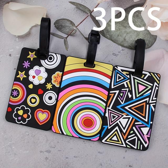 TEMU 3pcs Creative Pvc Soft Luggage Tags With 3d Letters For Easy Identification - Flower Rainbow Triangle Student Id And Work Card Holder