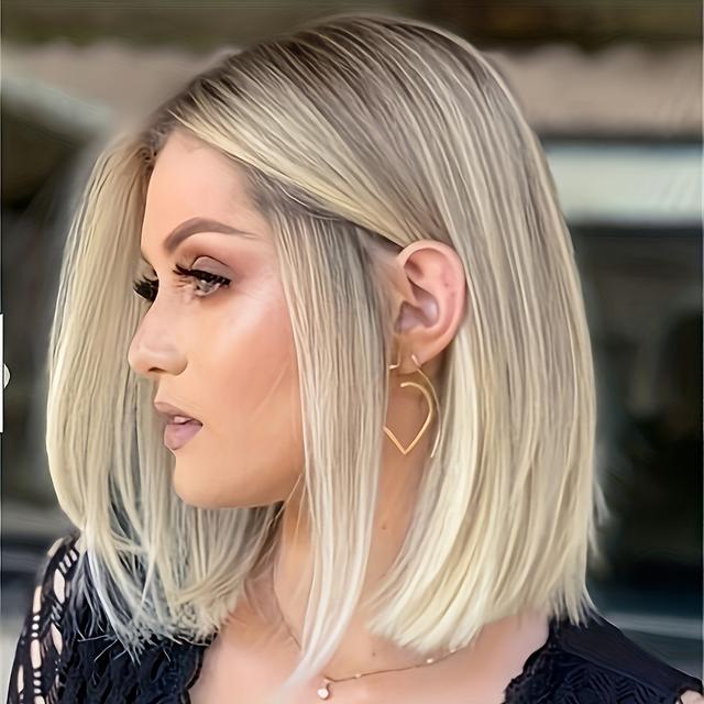 TEMU Bob Short Straight Wig For Women Short Straight Synthetic Hair With Blonde Highlights Middle Part