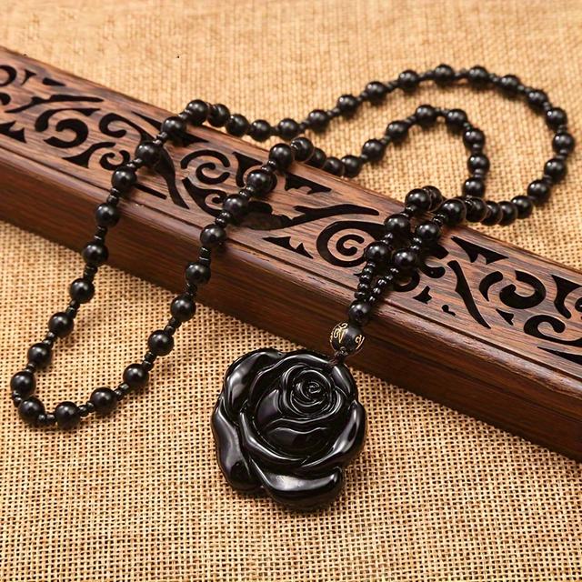 TEMU Black Rose Flower Artificial Crystal Necklace Artificial Amulet Protection Pendant With Adjustable Rope Necklace Birthday Christmas Gift Men Women