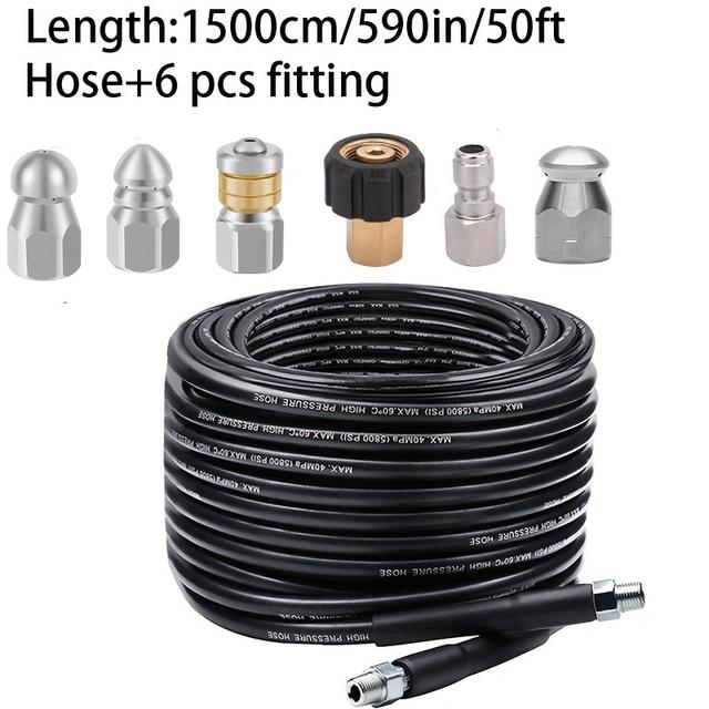 TEMU Sewer Kit For Pressure Washer, Hydrojet Drain Cleaning Kit With Button Nose, Rotating Sewer Jet Nozle And 1/4" Npt, 5800psi Sewer Hose With Pressure Cleaner Nozzles