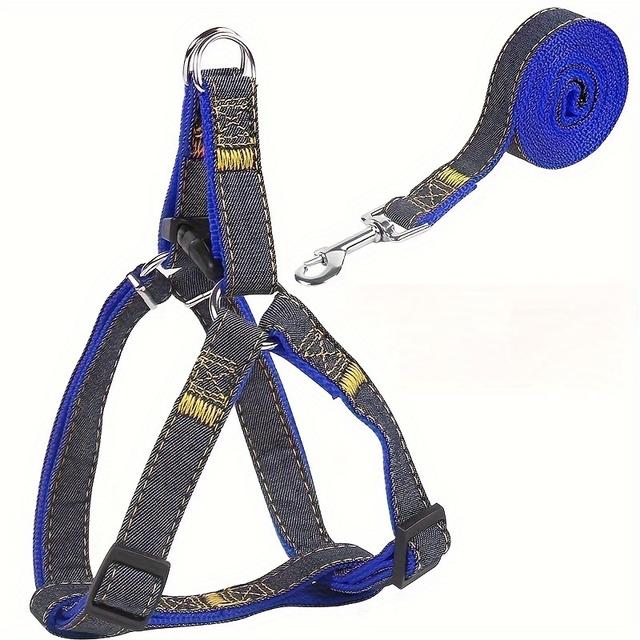 TEMU Denim Dog Harness And Leash Set - Adjustable, Fit For Small To Large Breeds - Durable Polyester Material, Pulling Rope, Teddy