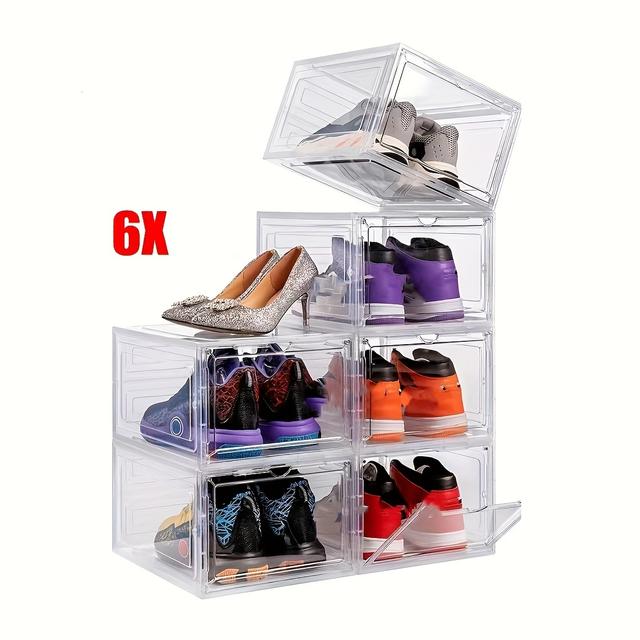 TEMU 6pc Transparent Shoe Storage Boxes With Door, Plastic Stackable Shoe Box Organizer, Household Storage Organizer For Bedroom, Bathroom, Office, Desk