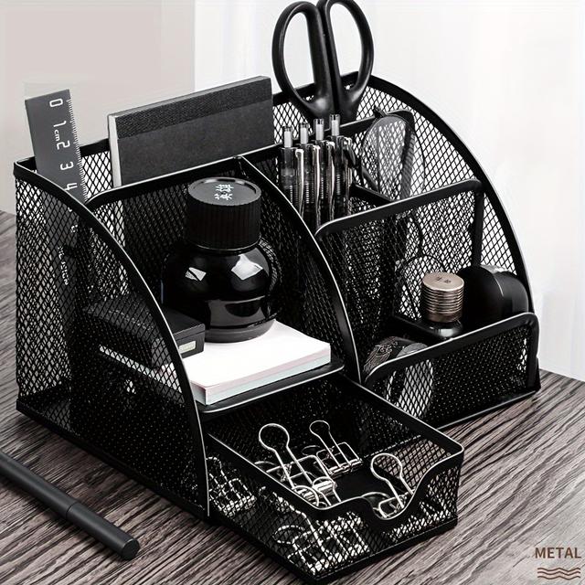TEMU A Black Metal Mesh Desktop Organizer Box, Featuring A Pen Holder And Drawer Storage, Suitable For Organizing Pens And Stationery , Homes, Offices, Desks, Vanities, And Studios