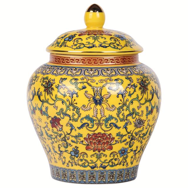 TEMU Traditional Chinese Enamel Vase, 1100ml - Vibrant Yellow With Intricate Floral Patterns, Ideal For Home Decor, Vase | Decorative Vase |