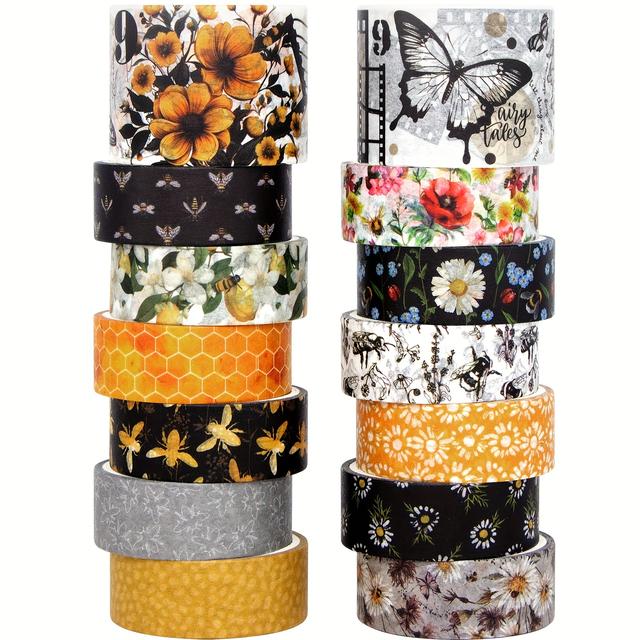 TEMU Washi Tape Set 14 Rolls, Vintage Bee Floral Botanical Washi Tape, Yellow Black Decorative Tapes For Scrapbooking Supplies, Junk Journal, Bullet Journaling, Art Crafts