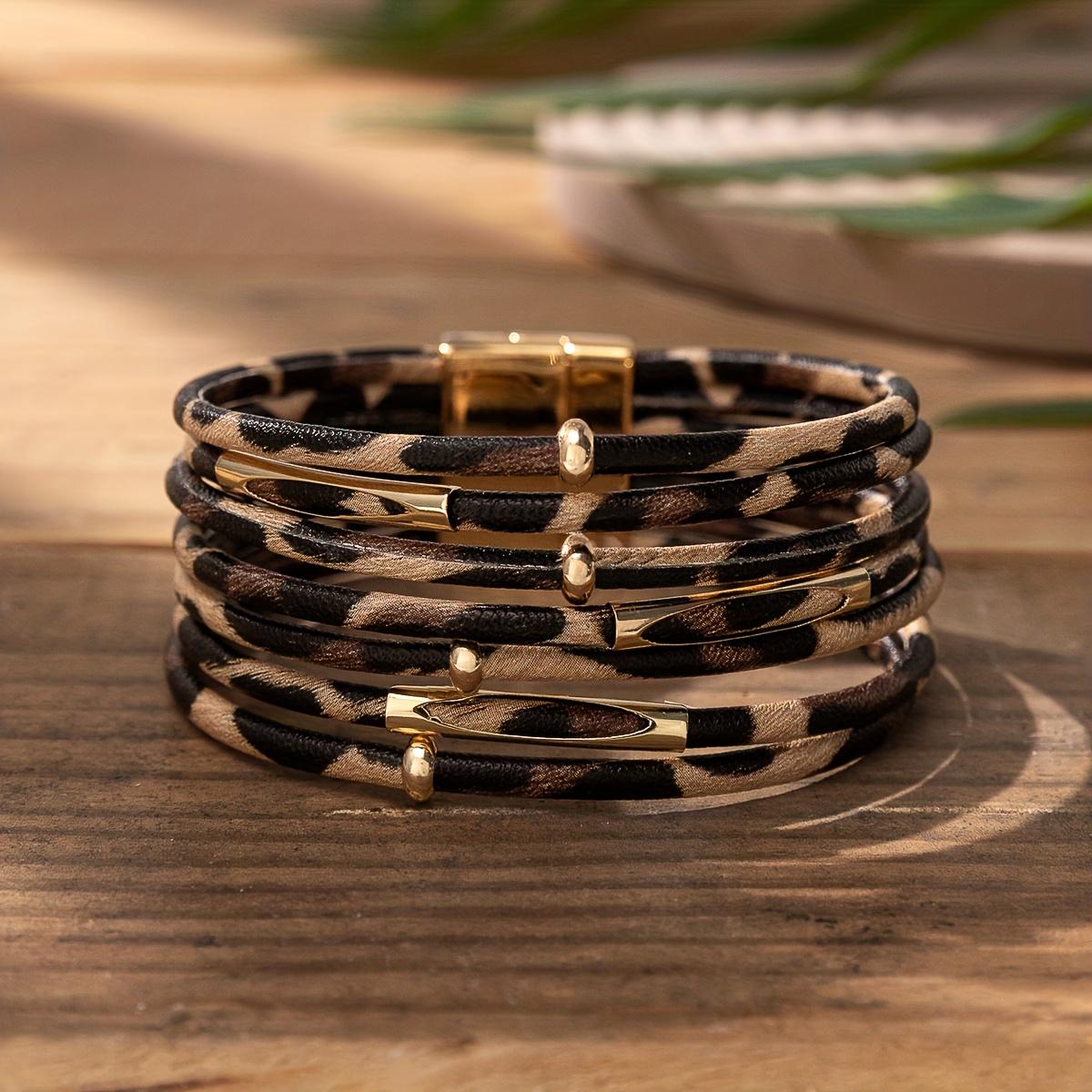 TEMU Multi-row Leopard Print Pu Leather Magnetic Bracelet Western Style Bohemian Winding Bracelet