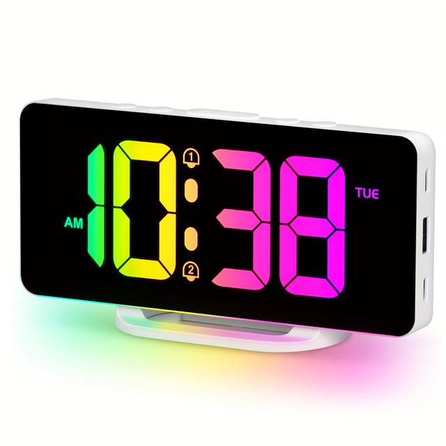 TEMU Réveil Numérique pour Chambre avec Lumière RGB Dynamique Colorée/Éclairage Réglable, Horloge de Chevet 7" avec Port USB-C et Affichage LED pour Adolescents (Blanc)