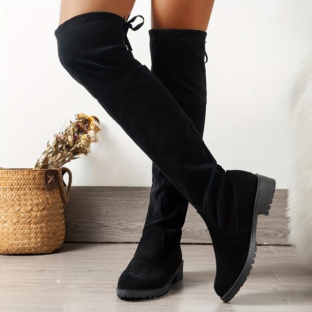 TEMU Frauen Solide Farbe Chunky Heel Stiefel, Mode Schnürung Über Dem Knie Stiefel, Stilvolle Kleid Stiefel