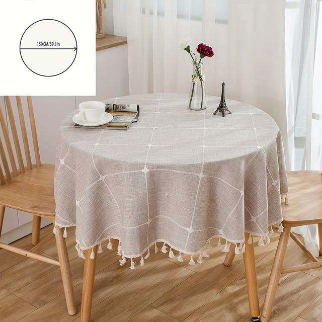 TEMU . Boho-Chic Khaki-Karomuster Bestickte Tischdecke mit Quasten - Perfekt für Zuhause, Picknicks, Hochzeiten & Mehr