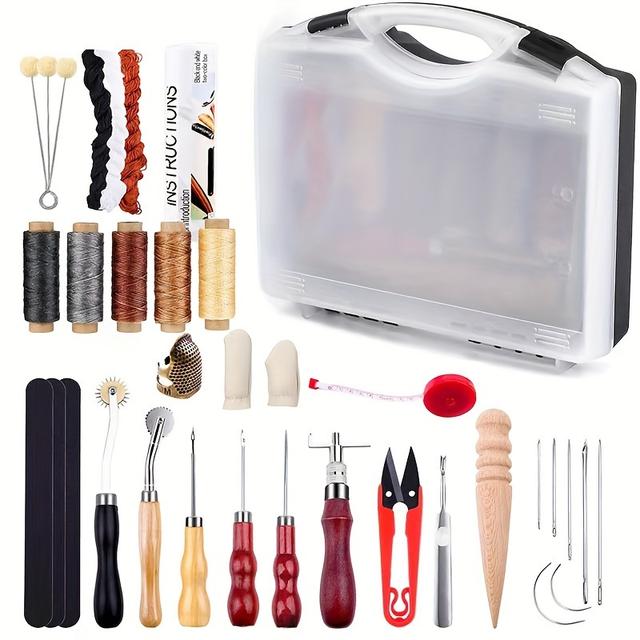 TEMU Complete Leather Crafting Tool Kit With Punch, Stitching & Sewing Tools - Includes Storage Bag, , Needles, , And More - Ideal For Diy Leather Projects, All , Leather Working Tools