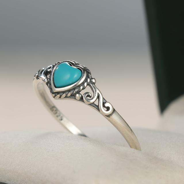 TEMU Pure Silvery S925 Vintage Peach Heart Turquoise Ring, Simple And Unique, Light Luxury, Versatile And Elegant Ring, 2.2g