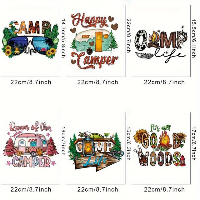 TEMU 6pcs/set Camping Life Designs Diy Iron On Dtf Transfers Stickers Washable Heat Transfer Designs Ready Press Decals Plastisol Patch For Diy Clothing T-shirt Mask Jeans Backpack