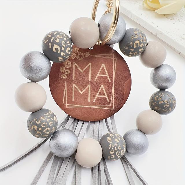 TEMU llavero - pulsera/cuentas de madera con colgante de grabado "MAMA" - Ideal decorar del coche/casa