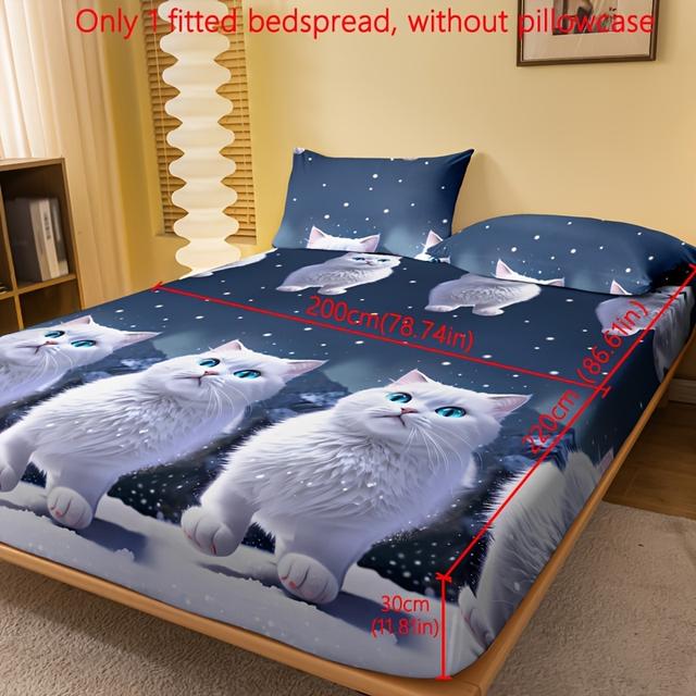 TEMU 1pc Of Printed Brushed Fitted Sheet, Bedroom Bedspread With White Cat Print, Bedding