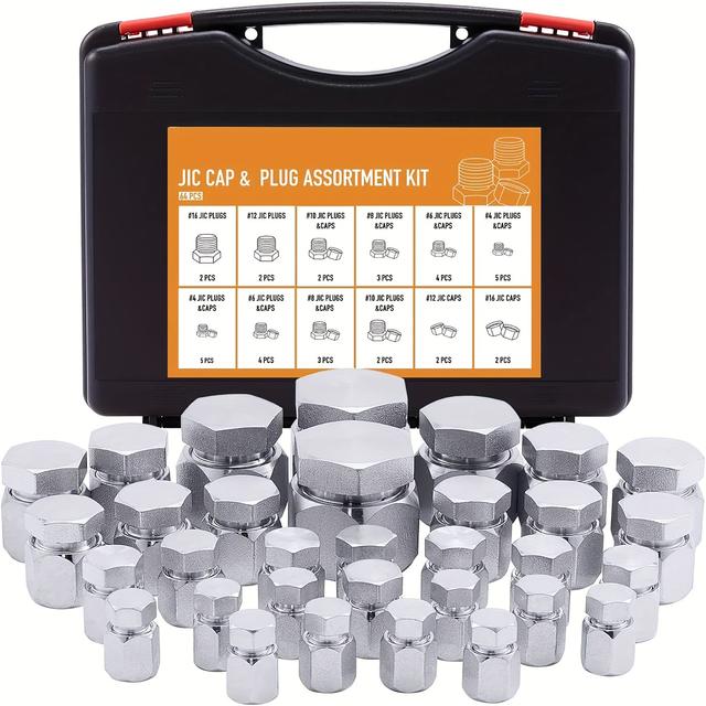 TEMU 64pcs Jic 37° Flare Caps And Plugs Kit Hose And Pipe Fitting Set Hydraulic Caps And Plugs Kit Galvanized 45# Steel With Precision Thread Punch Size -04-06 -08 -12-16