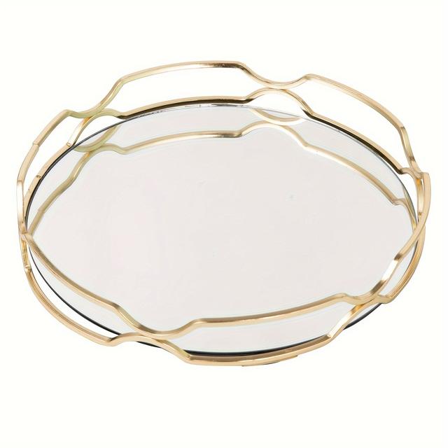 TEMU 1pc Electroplated Golden And Silvery Color Round Cosmetic Decoration Tray Suitable For Kitchen, Living Room, Bathroom, Bedroom Desktop Decoration Storage With Glass Mirror Simple European Style