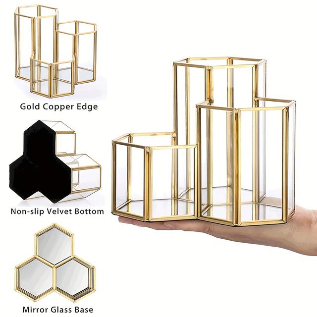 TEMU Glass Jewelry Storage -sided Combination Storage Bucket Makeup Pen Storage Bucket Hexagonal Pen Holder Nordic Multi-functional Desktop Creative Metal Storage Decorative Makeup Brush