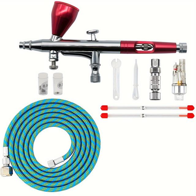 TEMU Kit de aerógrafo con pistola de acción, diseñado para pintar, agujas/boquillas/tapas de 0.3, 0.2 y 0.5 mm, un vaso de pintura de 1/3 de , manguera de aire, adecuado para modelos y artísticos
