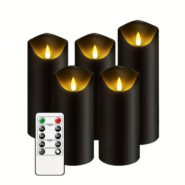 TEMU 5pcs Flameless Candle 5pcs, (d2.3"xh5"5"6"6"7") With Remote Control And Timer, Led Candle For Shop, Dormitory Decor, Halloween Decor, Christmas Decor, Holiday Gifts (black)