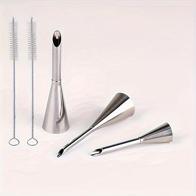 TEMU 3pcs Cream Sugar Pipe Nozzles, With 2 Brushes, 3 Sizes Stainless Steel Sugar Pipe Puff Nozzles, Baking Sugar Decoration Tools