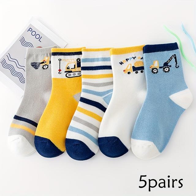 TEMU 5 Pairs Of New Socks For All , Sweat-absorbing And Warm, Boys' Socks With Cartoon Graffiti Engineering Vehicles, Breathable And Skin-friendly, Sweat-resistant