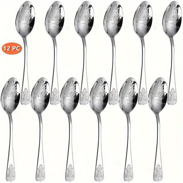 TEMU 12pcs Stainless Steel Dessert Spoon Set | Embossed Tea Spoon, Dessert Spoon, Stirring Spoon, Household Use, Mirror Polished, Dishwasher Safe