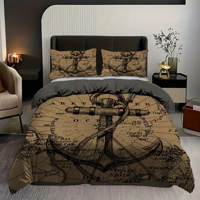 TEMU 2/3pcs Navigation Anchor Pattern Duvet Cover Set, World Map Retro Comfortable And Breathable Bedding Decoration, Suitable For Bedrooms, Guestrooms, Hotels(1 * Duvet 1/2 * Pillowcase, )