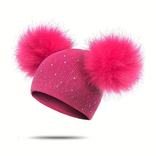 TEMU Cute Knitted Winter Hat For Girls With Double Pom-poms And Rhinestone Embellishments