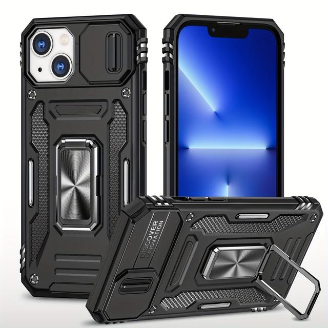 TEMU Phone Case - Durable Phone Case Designed For Iphone 11 Through 15 Pro Max And Plus, Featuring A Protective Ring For The Camera, A Kickstand, And A Strong Metal Plate For Car Mounts.