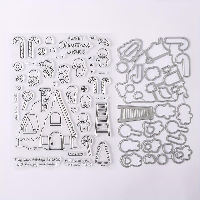 TEMU Inverno Incantevole Set di Timbri Trasparenti e Fustelle con Pupazzo di & Bambola Natalizia per Scrapbooking Fai-da-te, Creazione di Biglietti e Artigianato di Carta - Silicone & Metallo