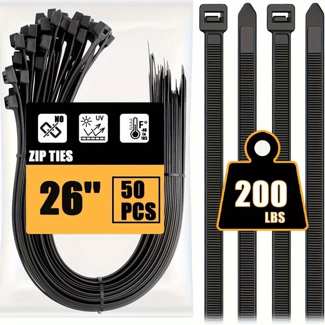 TEMU 50pcs 0.35*26in/9*650mm Large Zip long Zip Ties Heavy Duty With 200 Lb Tensile Strength, Big Cable Ties, Black