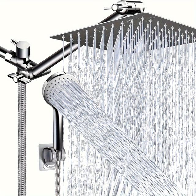 TEMU Shower Head, High Pressure Shower Head/hand Shower Combo W/ 11" Extension Arm, 5 Settings Adjustable Shower Head W/ Bracket/hose, Height/angle Adjustable, Chrome