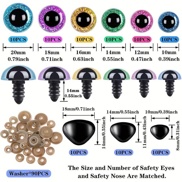 TEMU 180 قطعة من عيون وأنف آمنة كبيرة مع غسالات لعيون الحيوانات المحشوة من البلاستيك وعيون كروشيه لصناعة الدمى والدب ومستلزمات صنع الدمى (ألوان متنوعة)
