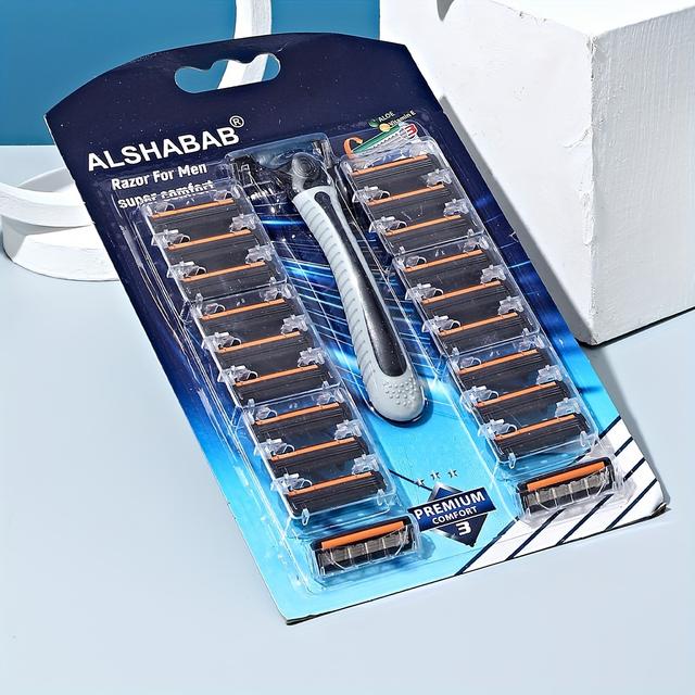 TEMU Alshabab Men's Manual Razor Set With 3-blade Stainless Steel Cartridges - Fragrance-free, Ideal For Beard & Mustache Grooming, Includes Textured Grip Handle & Multiple Refills, Beard Grooming Kit