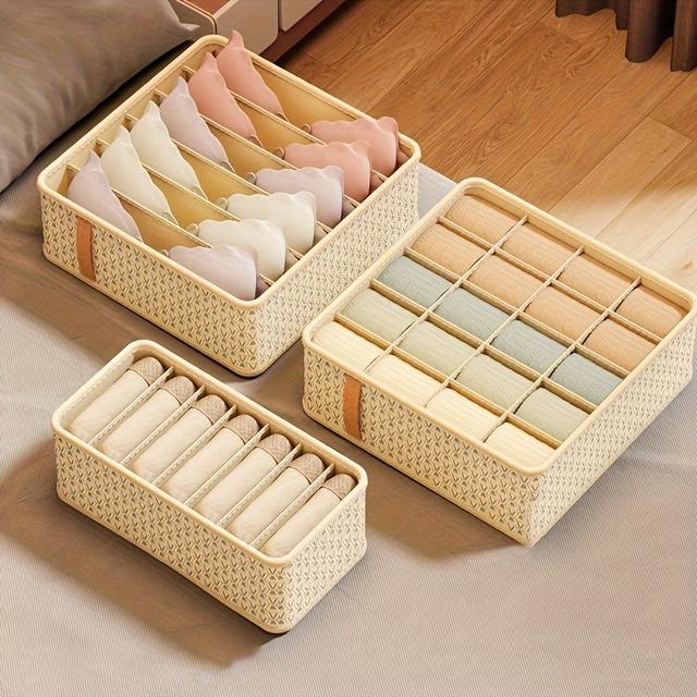TEMU 3pcs Drawer Organizer, Woven Grid Storage Box, Multi-functional Wardrobe Divider For Underwear, Socks, And Accessories