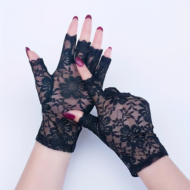 TEMU Elegant Black Floral Lace Fingerless Gloves - Breathable & Decorative With Beaded Wrist, Stretchy Material For Evening Wear, & Weddings