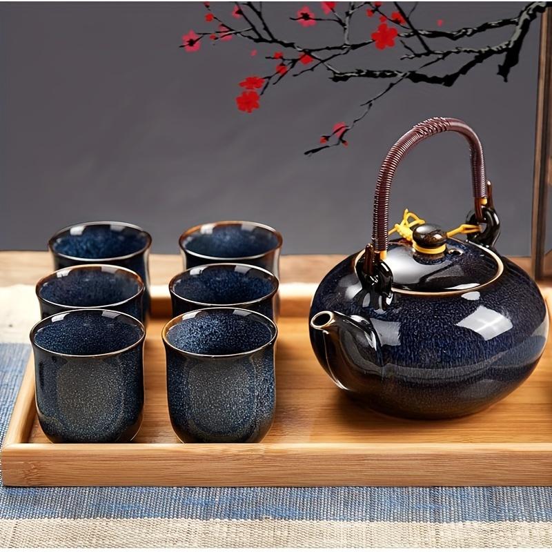 TEMU Japanese Tea Set For 6, Kiln Glaze Porcelain Tea Set With 1 Teapot, 6 Tea Cups, Unique Chinese Tea Set For Adults//women/men, Dark Blue