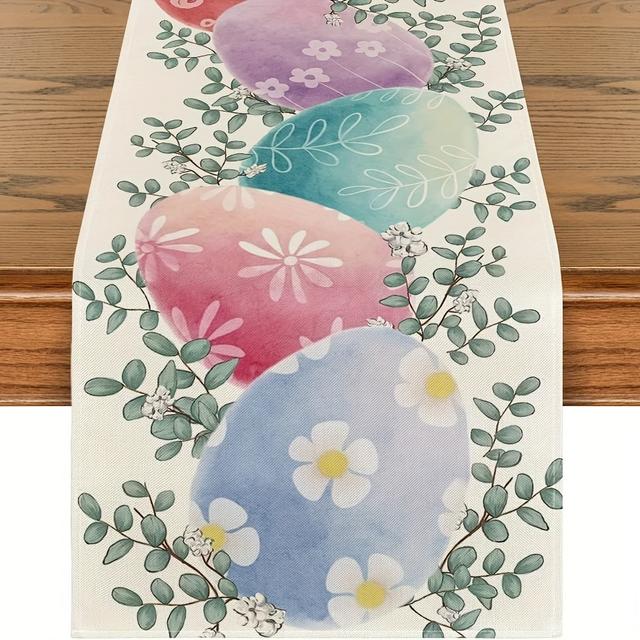 TEMU 1pc, Watercolor Eggs Eucalyptus Daisy Flowers Easter Table Runner, Seasonal Dining Table Decor For Home Party Decor