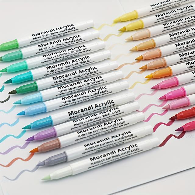 TEMU 24pcs Morandi Acrylic Marker Pens Soft Brush Tip, Calligraphy Markers For Lettering, Card Making, Wood, Fabric, Canvas, Ceramic, Glass, Art Crafting, School Supplies, Professional Art Use