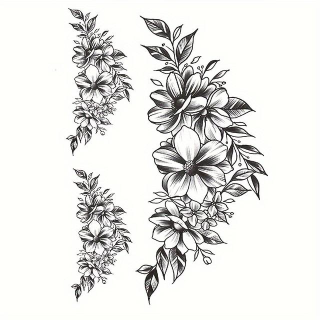 TEMU 1pc Black Floral Temporary Tattoo, Waterproof For Women, Paper Material, Elegant