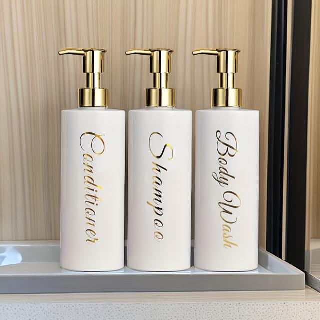 TEMU 3pcs 500ml Elegant White Dispenser Set With Golden Labels - Plastic, Formaldehyde-free For Shampoo, Conditioner, & Body Wash - Press For Bathroom Organization, Bathroom Accessories